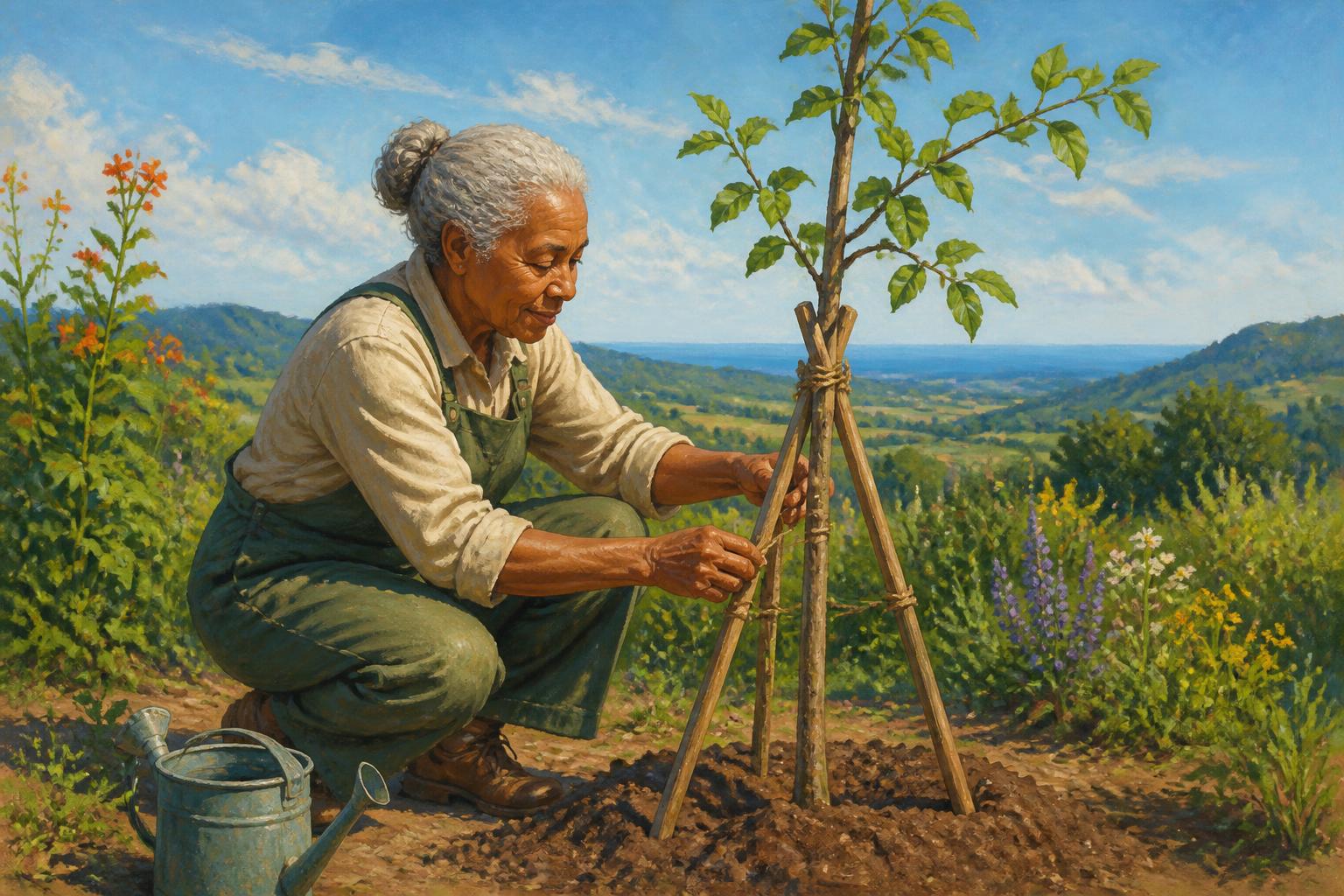 A gardener gently trains a young tree along angled supports in warm morning light.