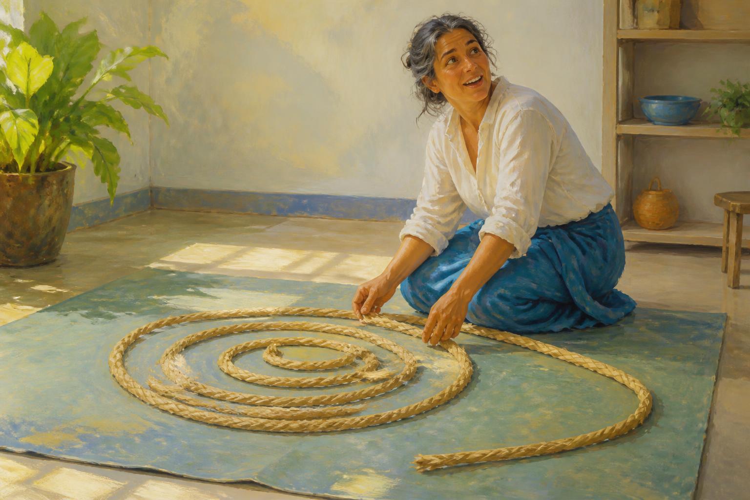 A woman at a lamplit table loosens a knotted thread while dusk gathers beyond a window.
