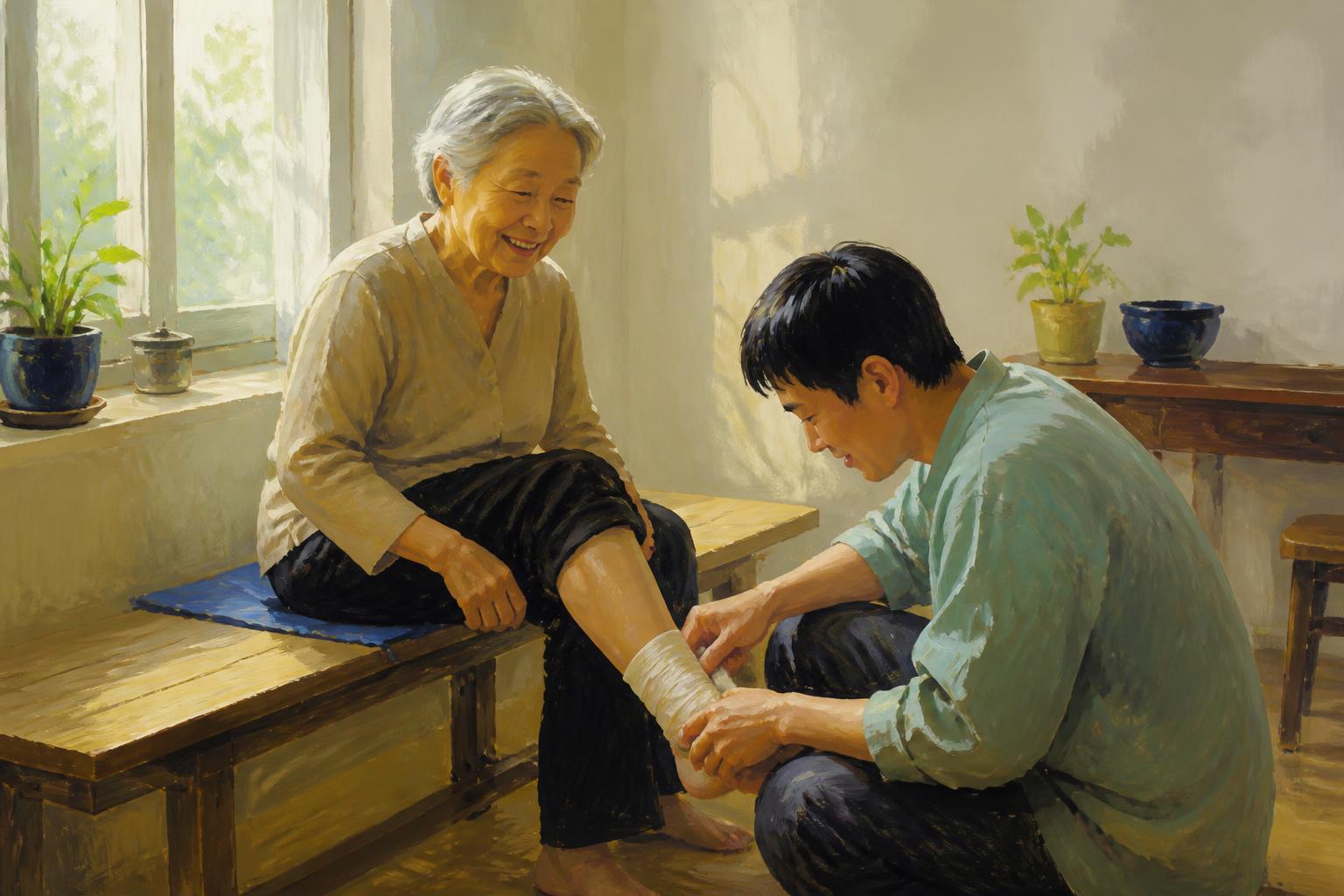 A person sets down a burden at a warm table where others keep a place open.