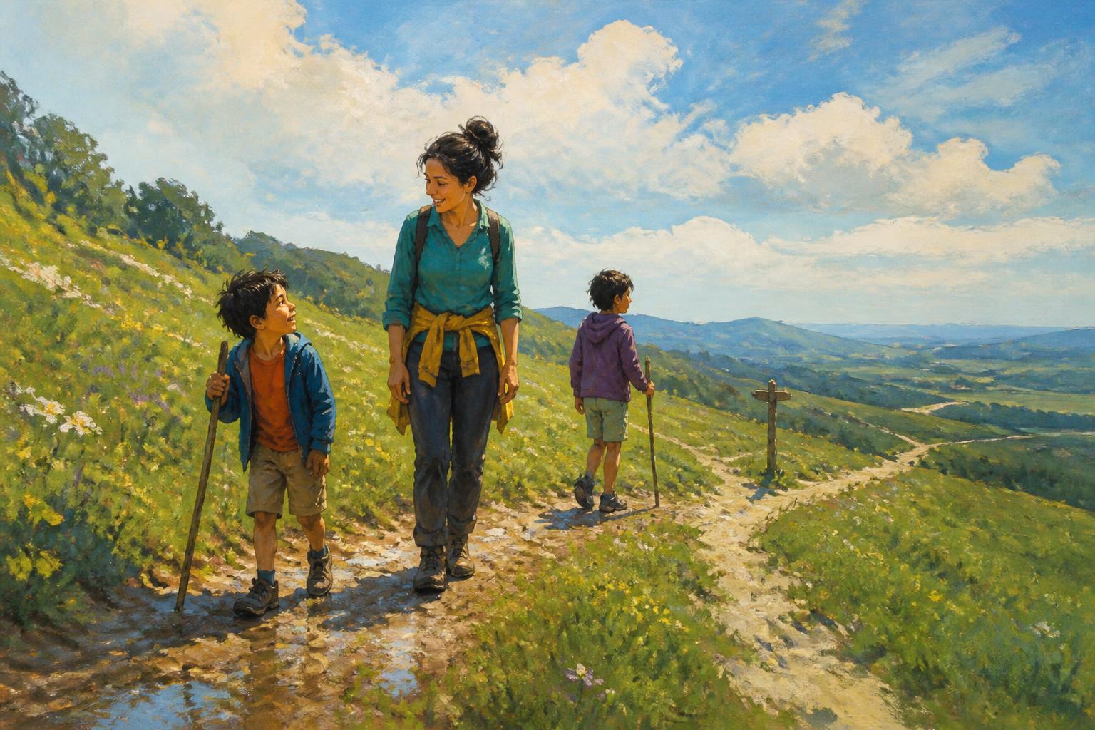 A seeker pauses at a forked bridge as two helpers keep the way open.