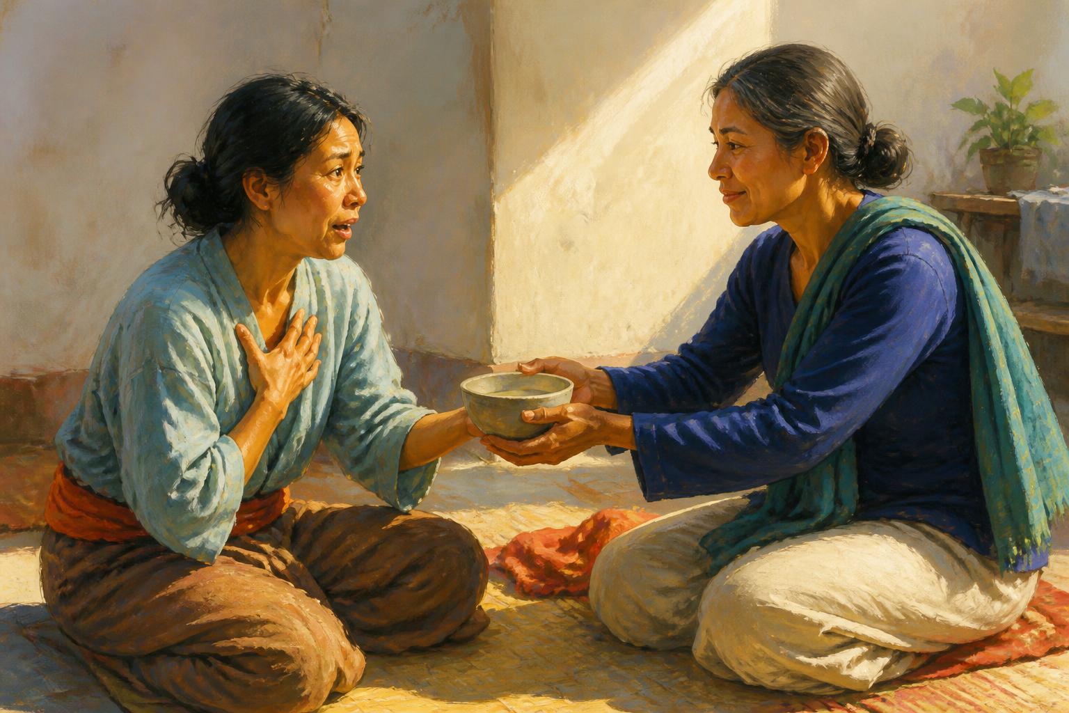 A person pauses after setting something down while others quietly make room around a warm lamp.