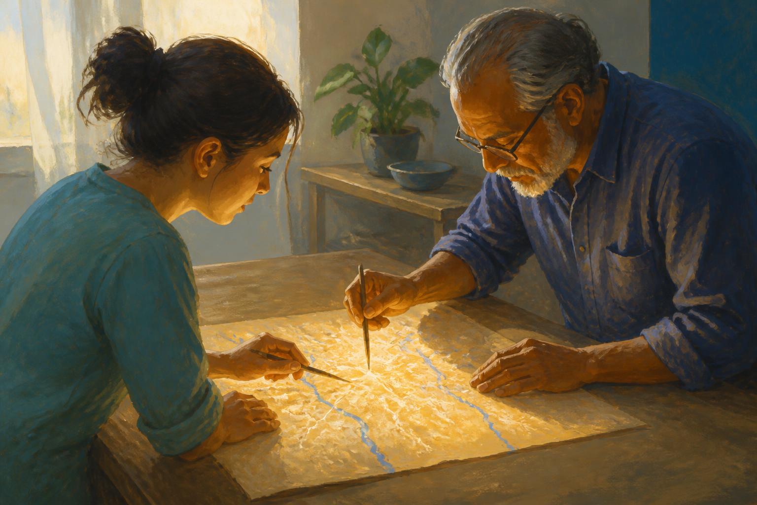 A woman and an elder revise a glowing map beside a window at dusk.