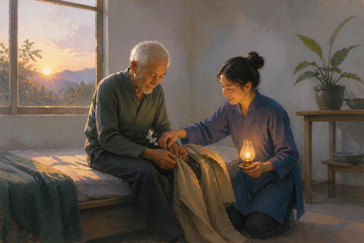 A woman sets down a cloak while keeping a small lamp lit in a quiet room at dawn.