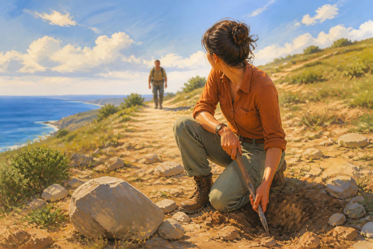 A woman at a threshold watches a searching lamp cast a heavy shadow beside an open path.