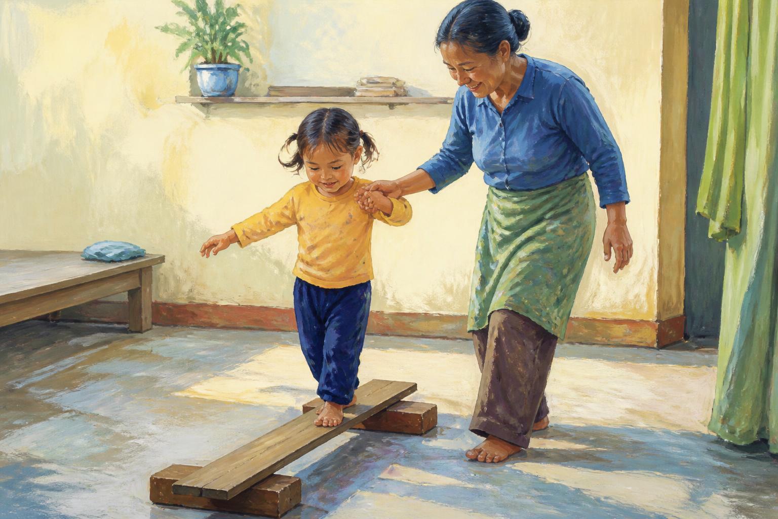 A young adult pauses at a threshold while two companions wait in warm light nearby.
