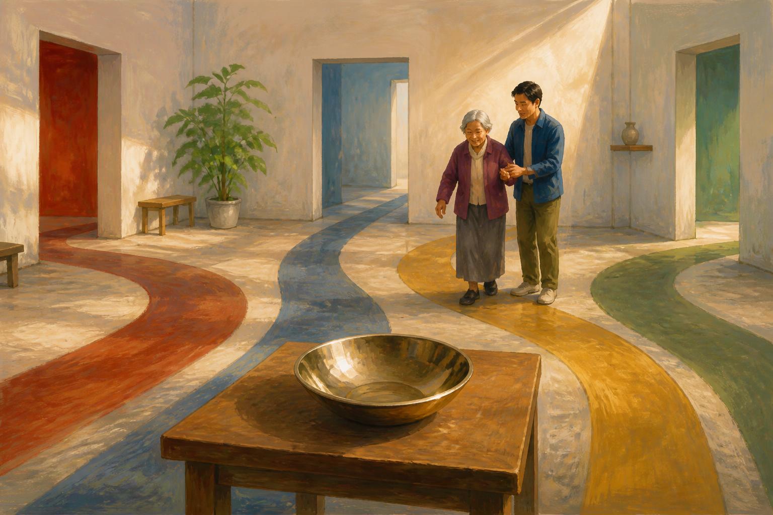 A person studies a mirror like bowl on a table while four paths bend around the room.