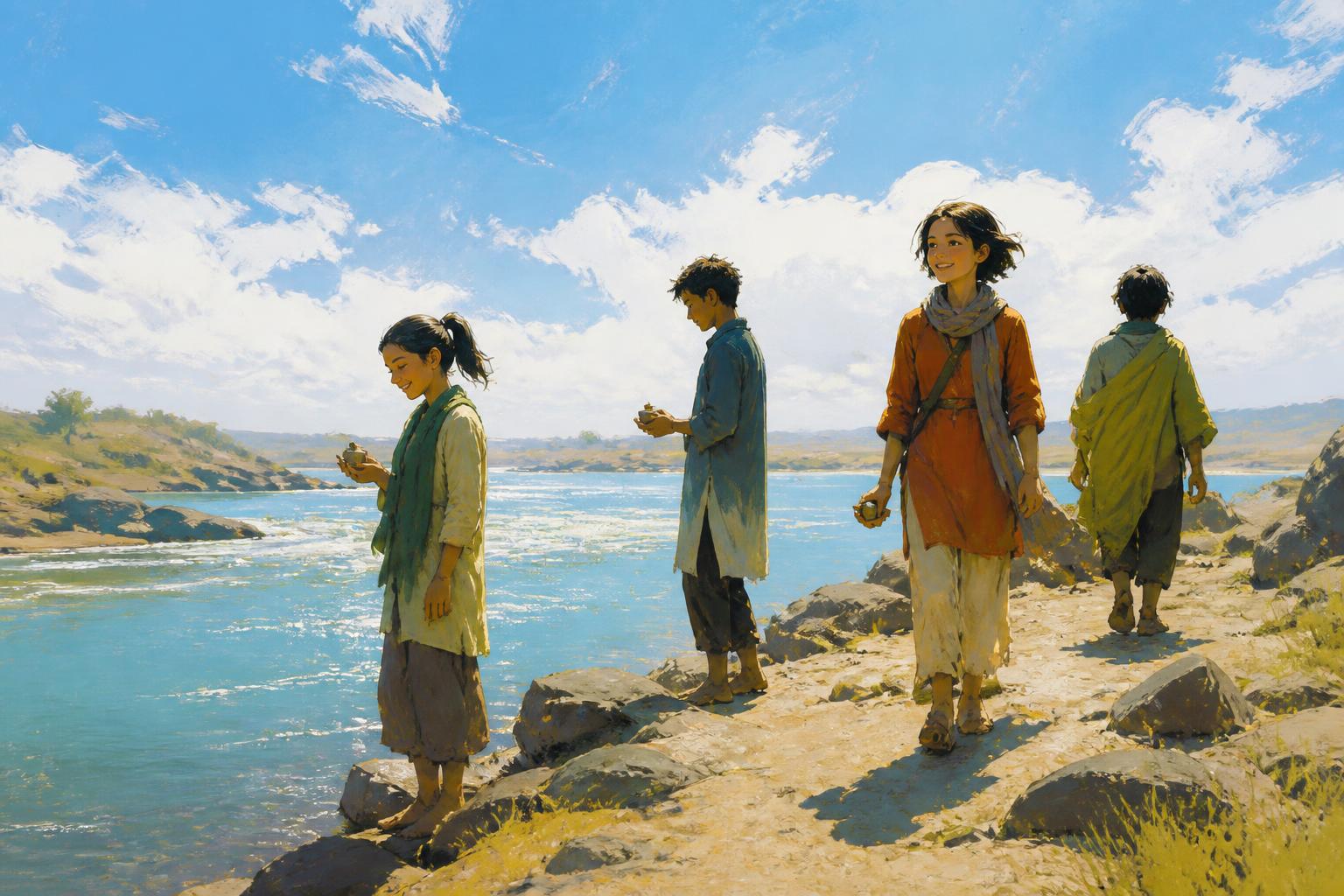 Five quiet travelers leave a shared room, each sheltering a small seed of light.