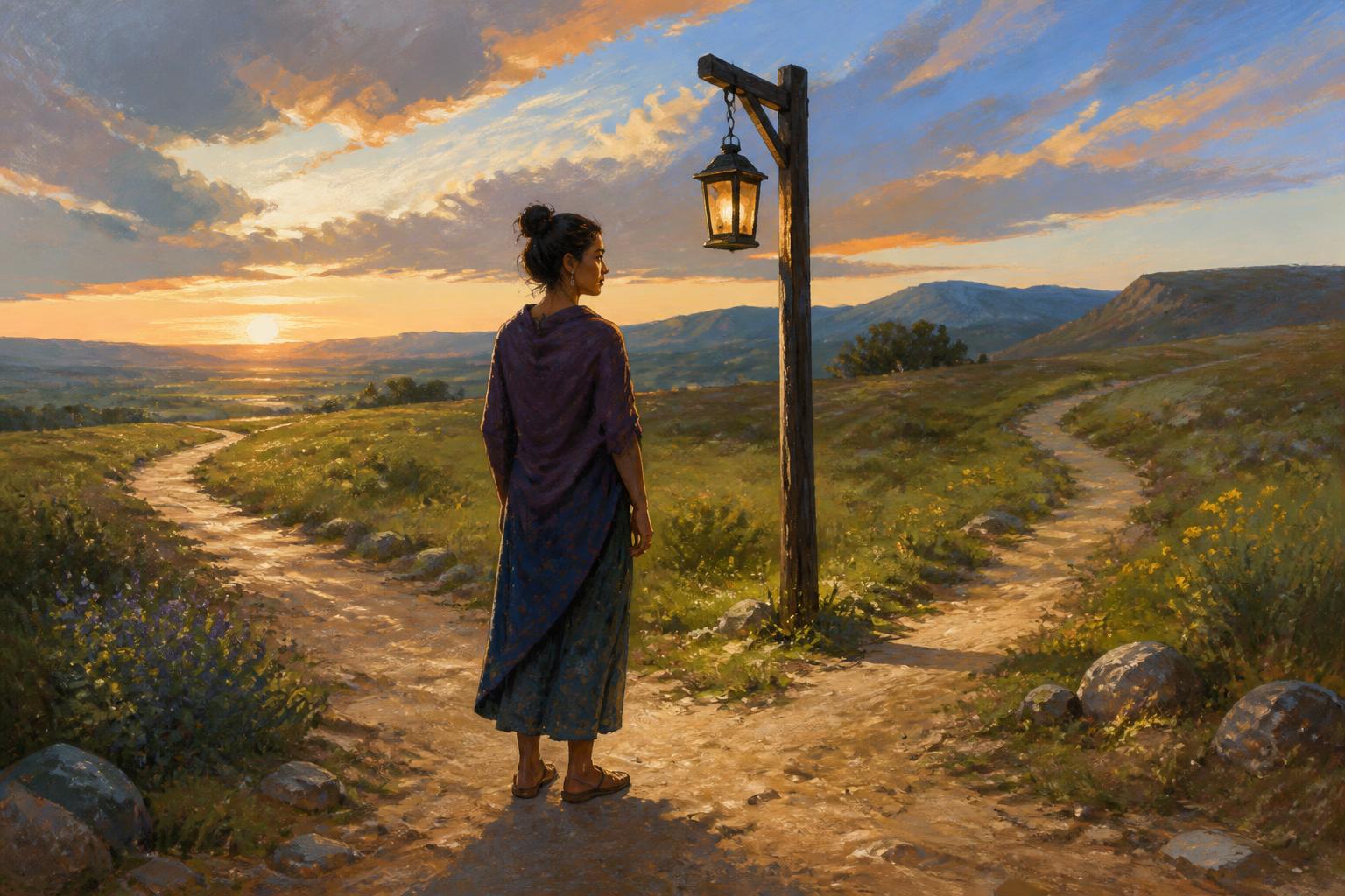 A woman pauses at a forked path beneath a lantern, with several different first steps opening before her.