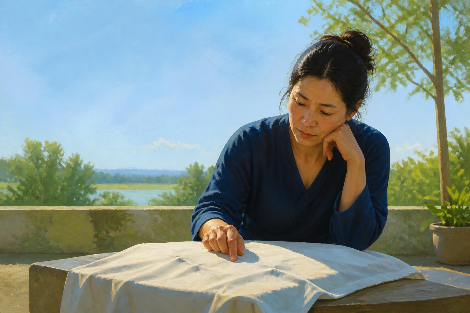 A seated woman studies three faint dents left on cloth beside an open window.