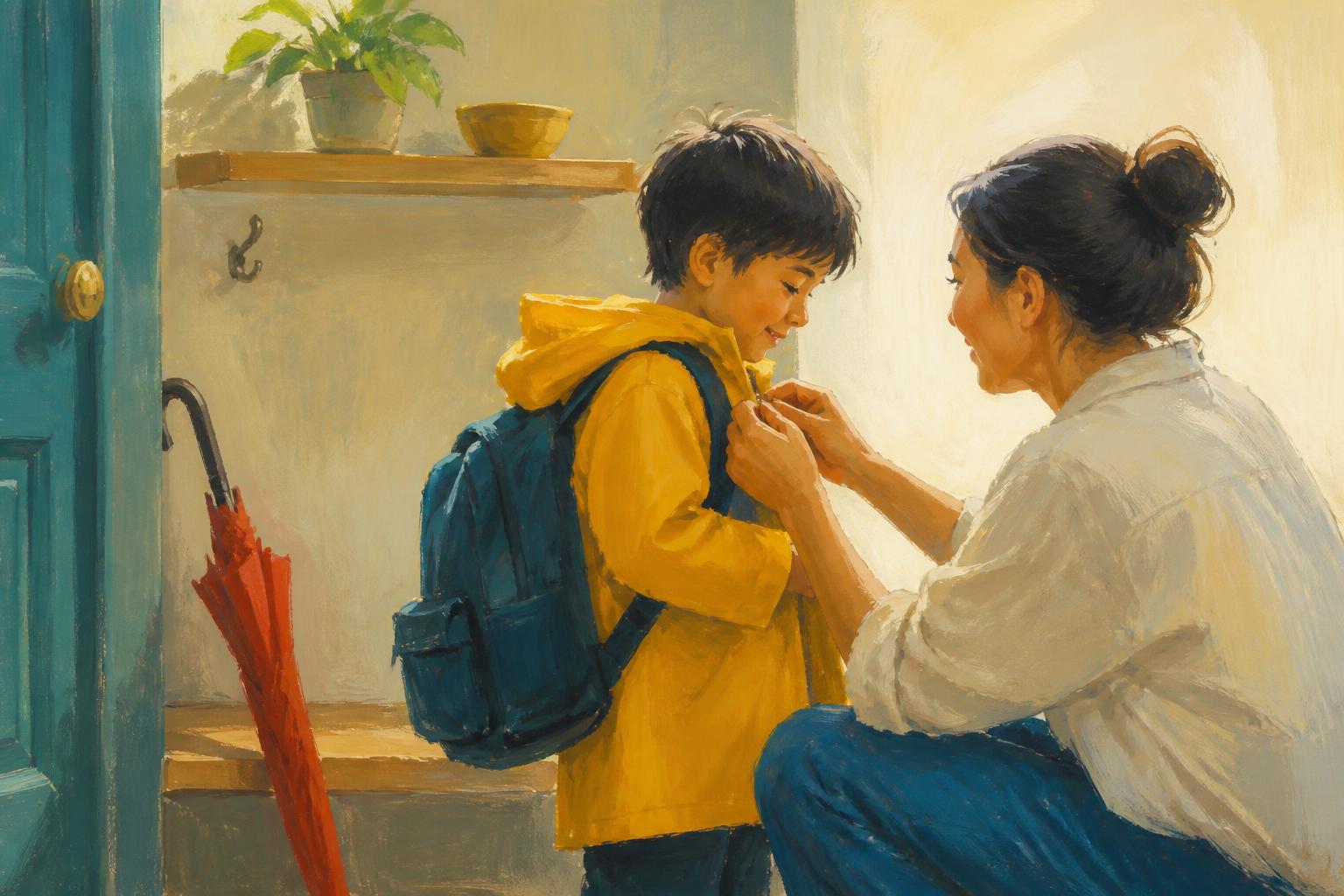 A woman pauses at a threshold while two companions wait nearby in warm dawn light.