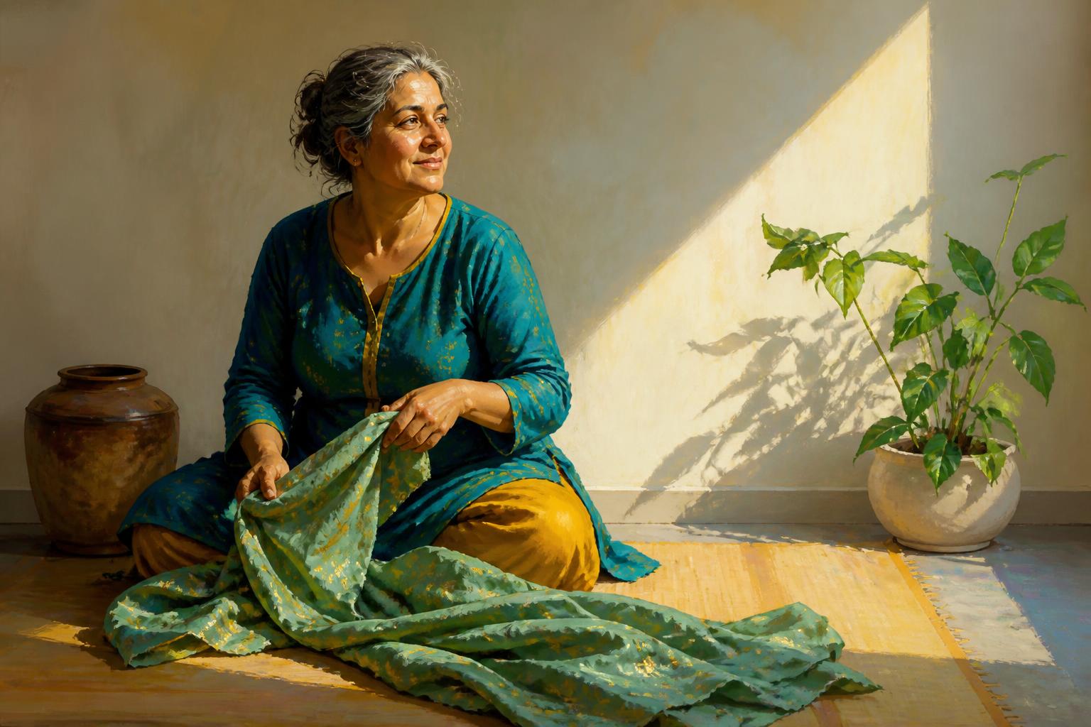 A woman clears a doorway as soft garden light begins to enter an old room.