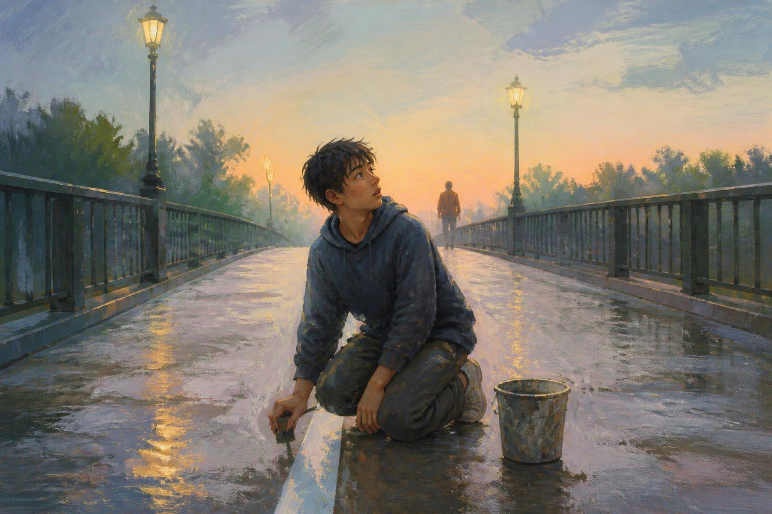 A woman pauses midway across a quiet bridge as lamplight meets the pale dawn ahead.
