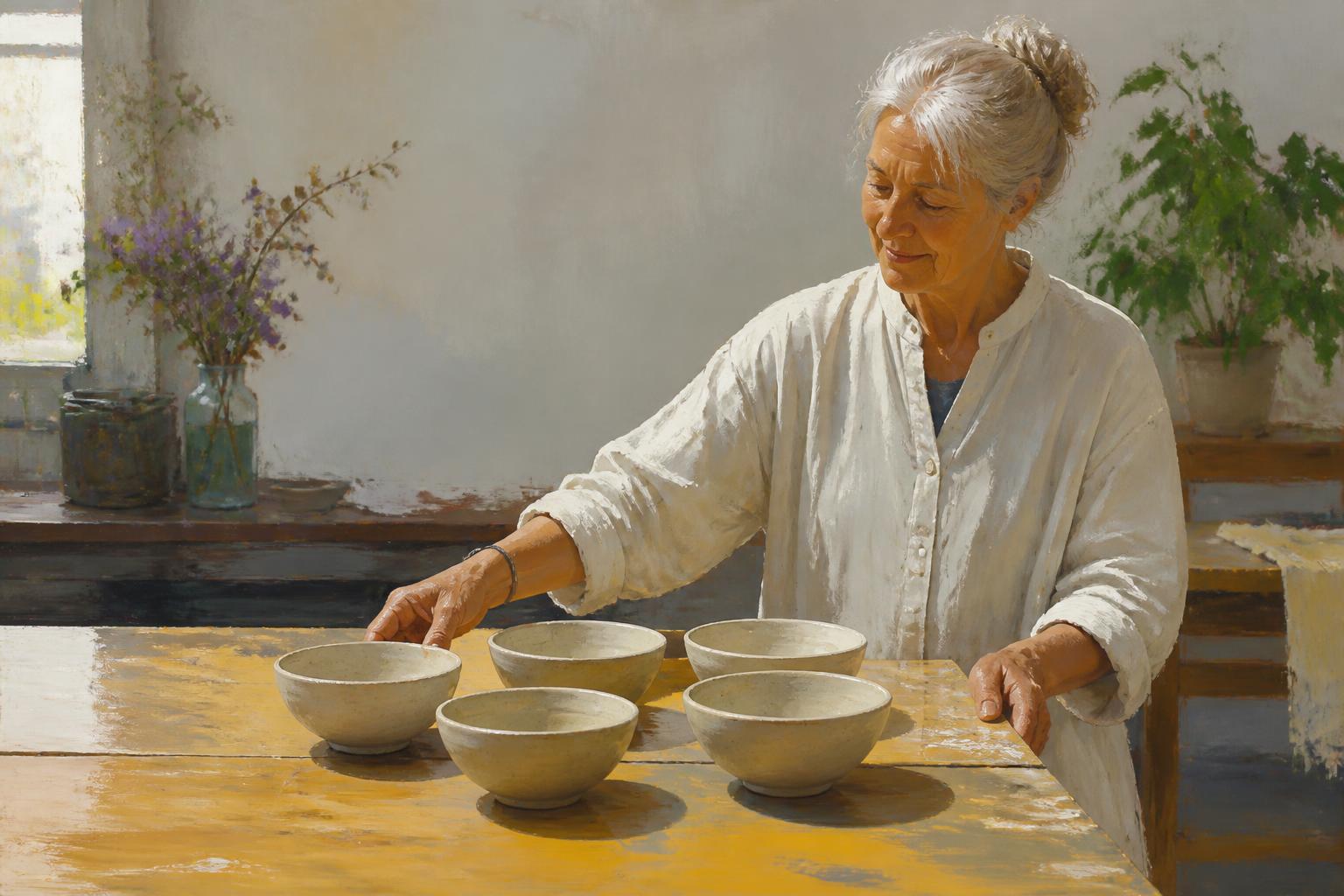 A woman makes room at a table as morning light settles among five plain bowls.