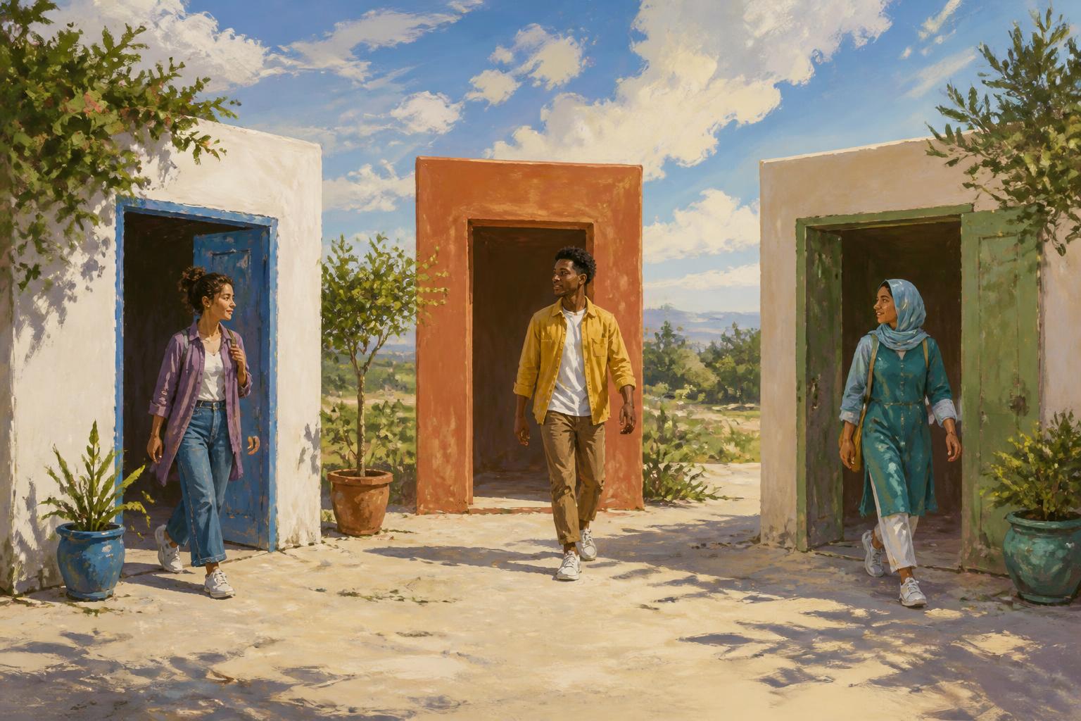 Three people step from different doorways toward a quiet sunlit courtyard.