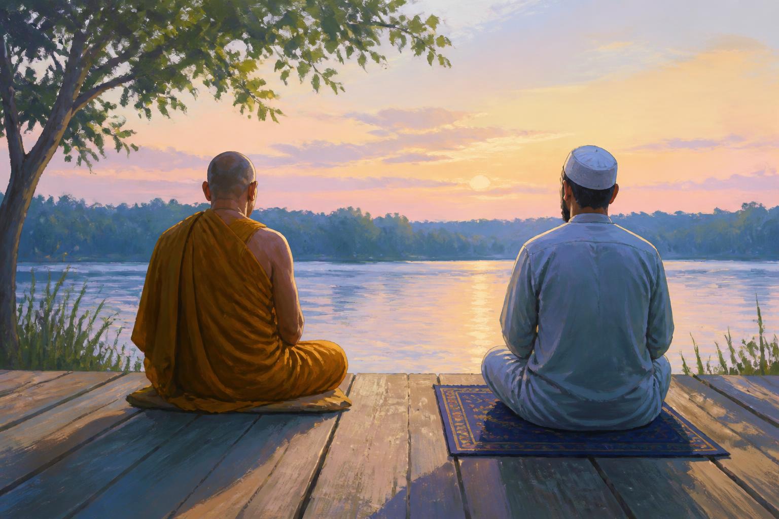 Two travelers sit at the edge of the same quiet water, facing different paths at dusk.
