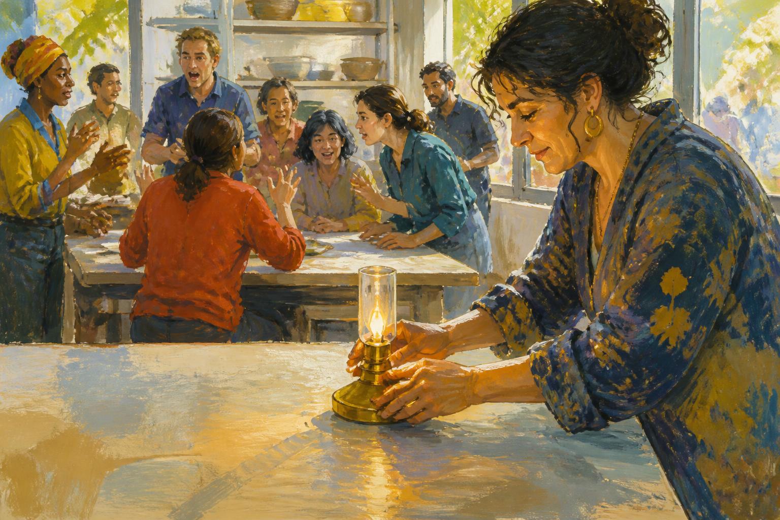Painterly scene for Many Voices Need Real Tests