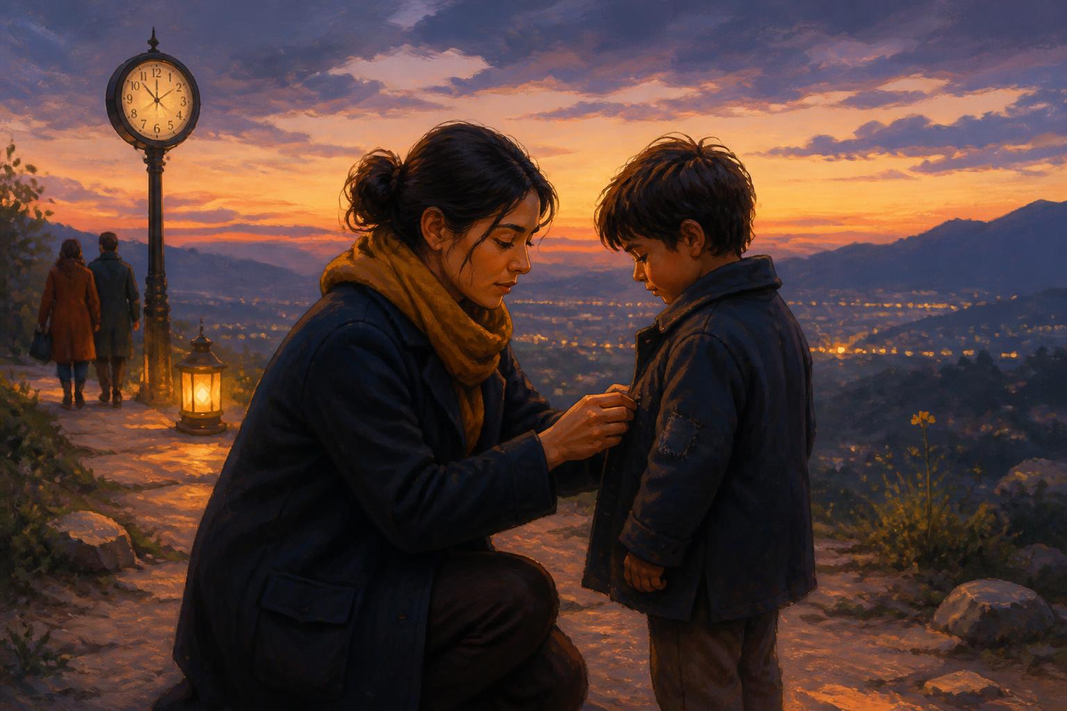 A woman repairs a coat at dusk while a quiet clock and window light hold past and future nearby.