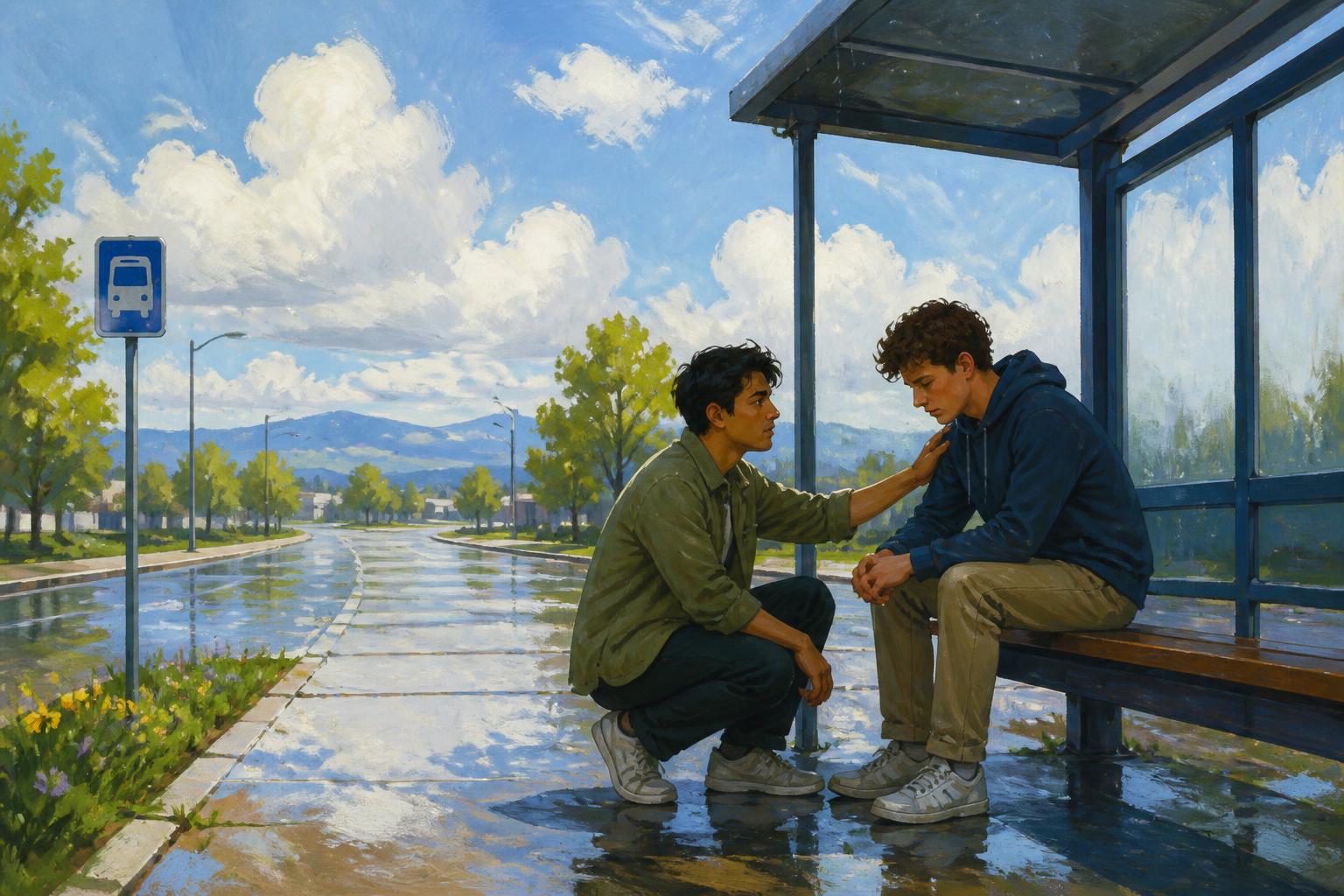 A rain cleared bus stop where one person steadies another before they continue.