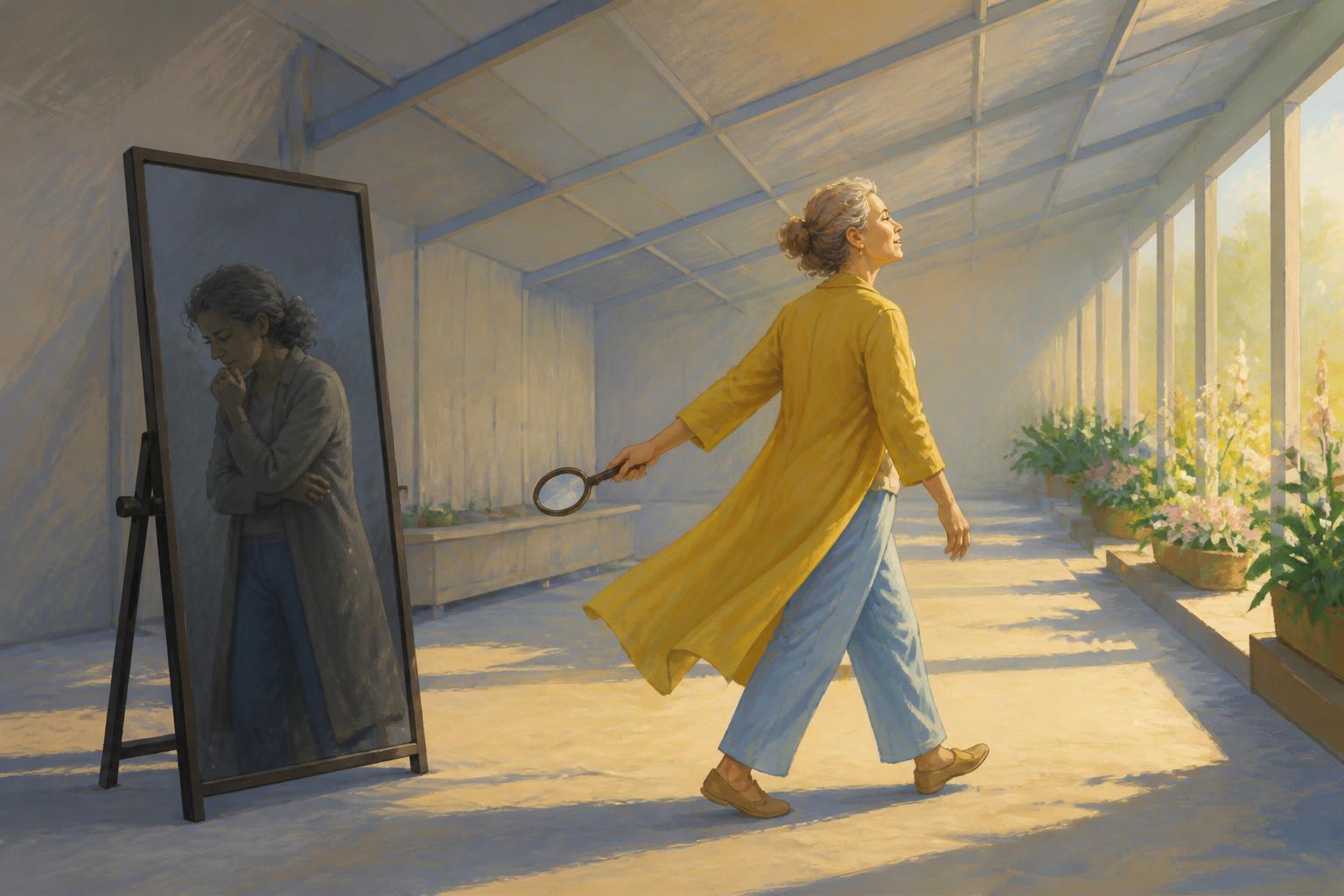 A woman steps away from a mirror toward a lit doorway, leaving shadowed reflection behind.