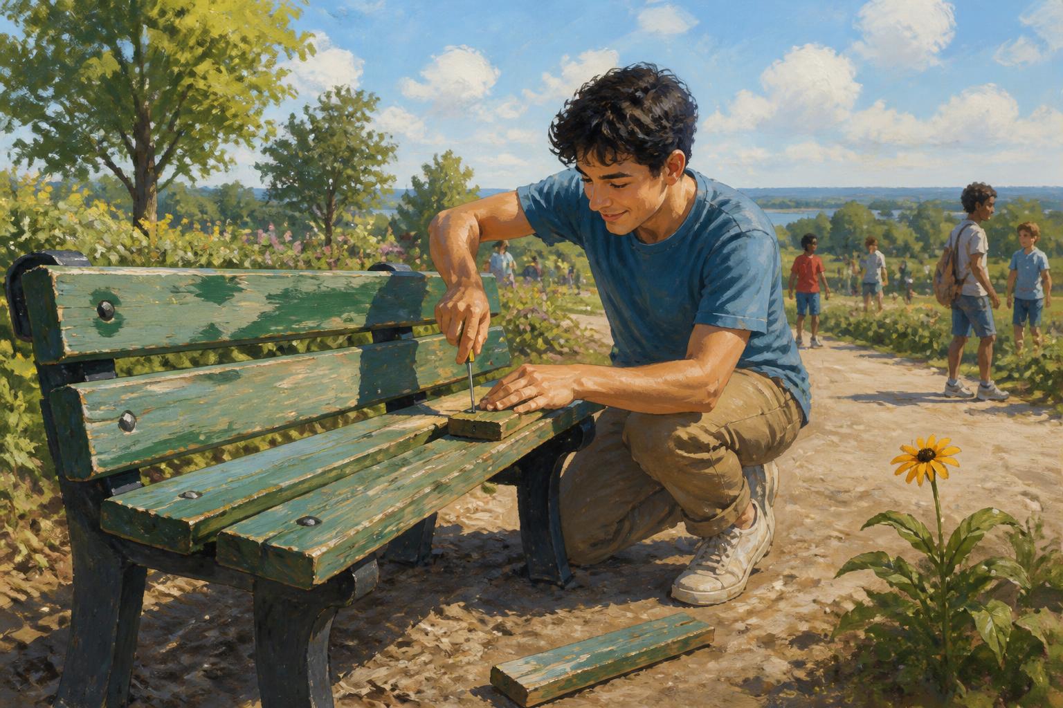 A traveler repairs a garden bench while neighbors calmly guide the work in morning light.