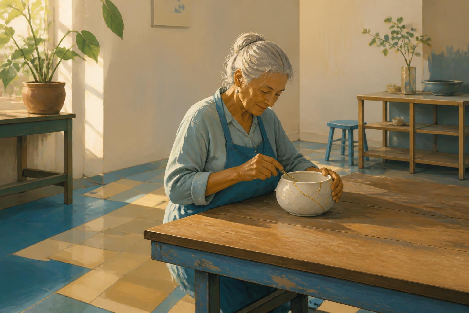 A tired woman at a kitchen table before dawn, one hand on a cup, light gathering at the window.