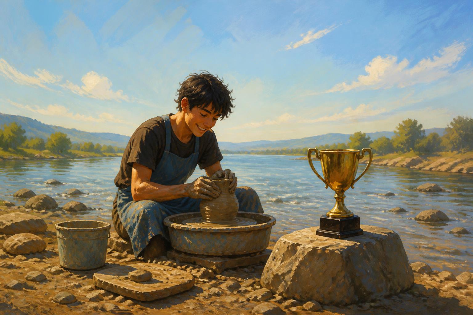 A potter works calmly while a polished prize cup sits aside in shadow.