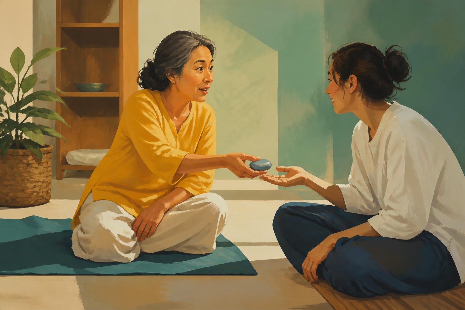 People begin separate dawn paths from one warm room, each held by a different support.