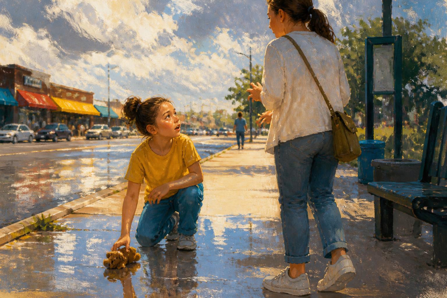 A person tends a curbside plant at a rain wet tram stop while a friend waits nearby.