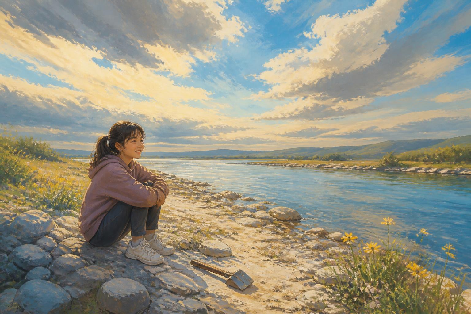 A woman pauses at a hilltop path where the mist thins, no longer searching for another horizon.