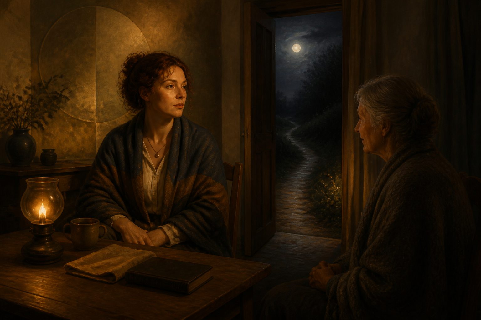 Two people sit by lamplight as an open doorway leads to a dark path.