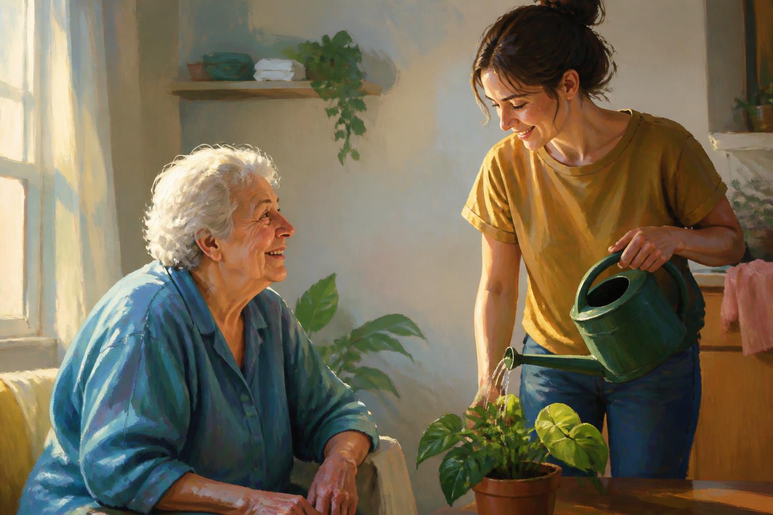 A woman rises from meditation to water a plant in warm window light.