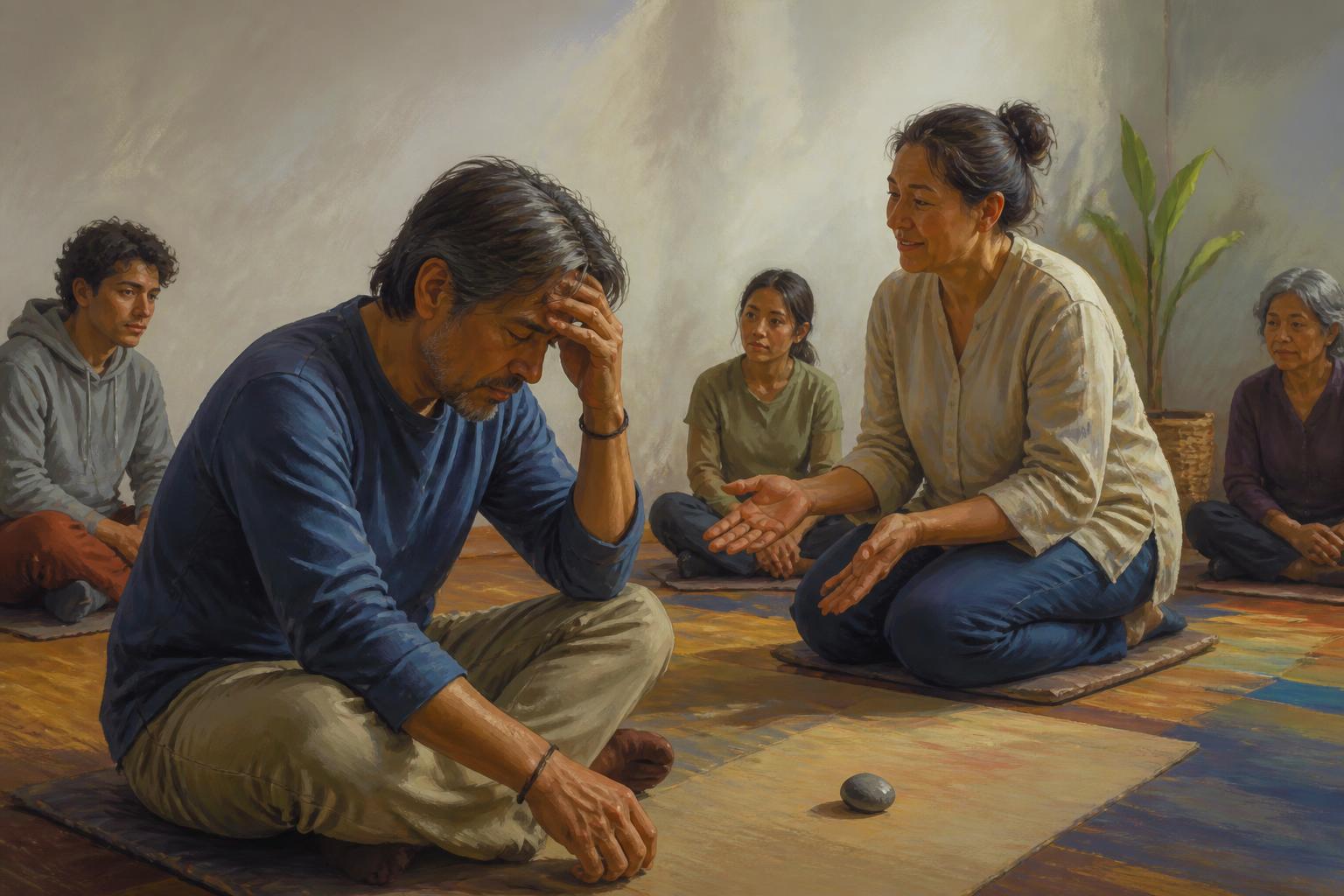 A tired woman pauses at a table while two paths of light pull in different directions.