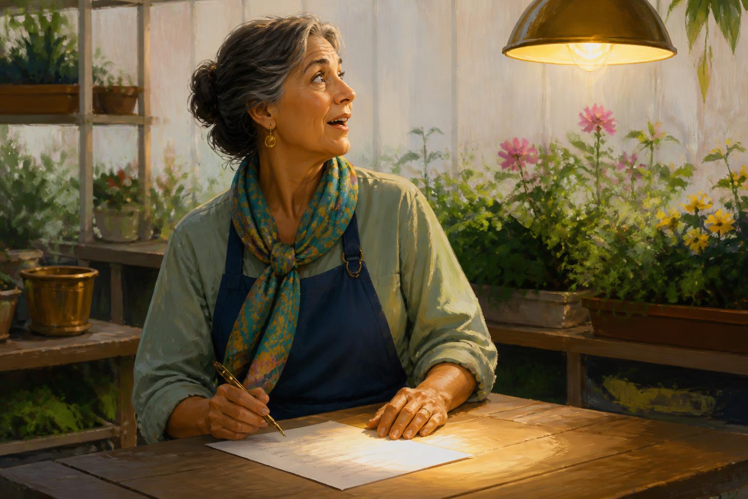 A woman pauses beside a table of repeated pages, one clear sheet set under a warm lamp.
