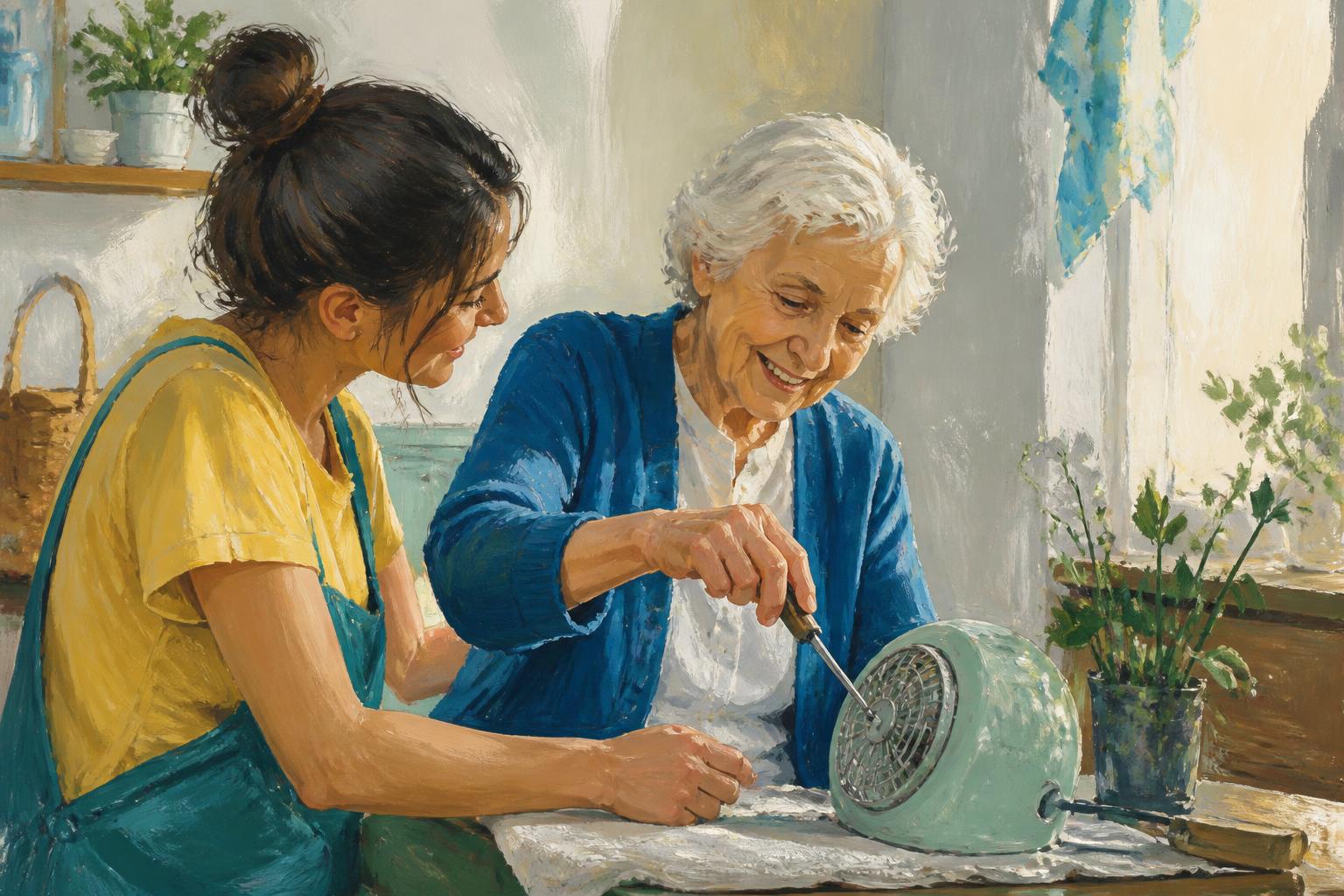 A woman turns from a mirror and blank pages toward a sunlit doorway with folded cloth.