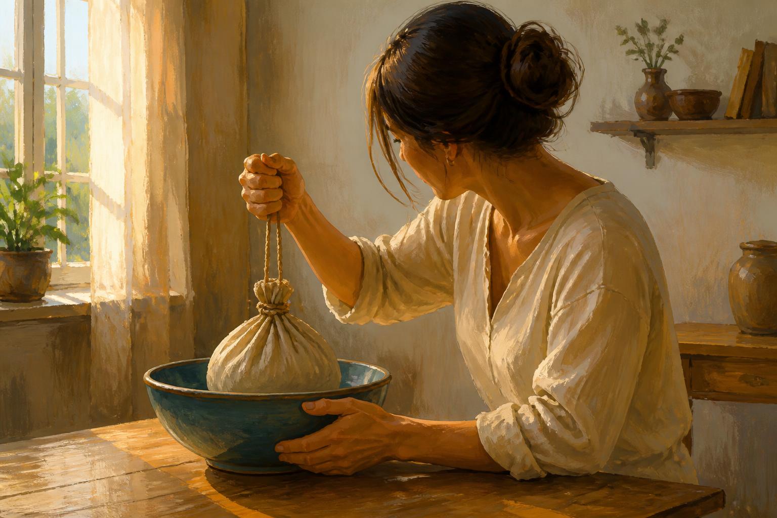 A woman releases a tied bundle into a bowl while still gripping its cord in a warm room.