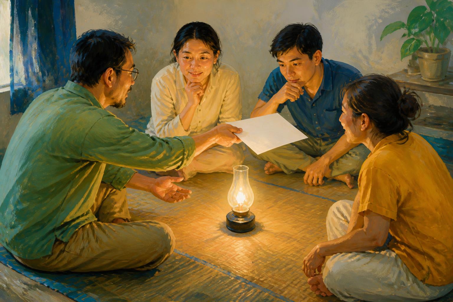 Four people gather around a lamp as one offers a blank page for quiet, careful review.