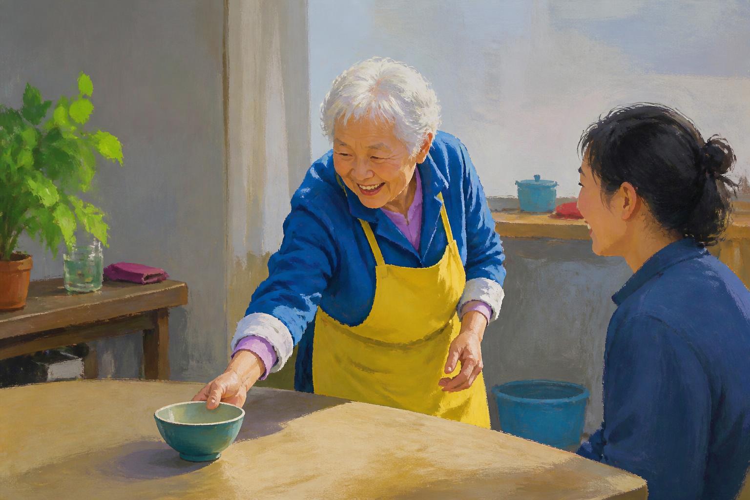 A seated woman rests in warm window light while unused tools lie beyond her reach.