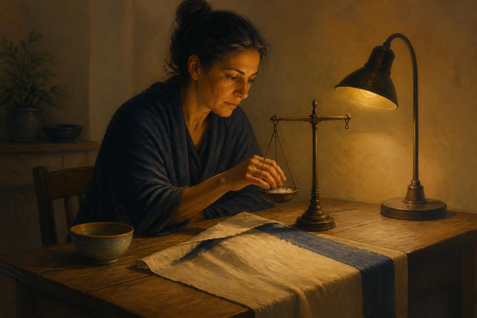 Woman at a table between a window and a waiting doorway, weighing a small bowl in quiet lamplight.