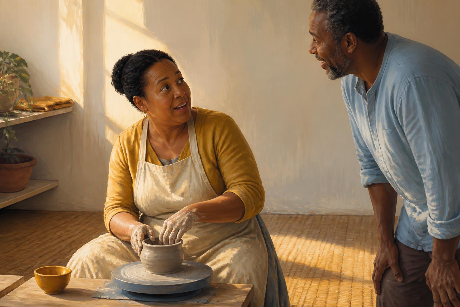 A woman shapes clay at a worktable as warm window light seems to steady the vessel.