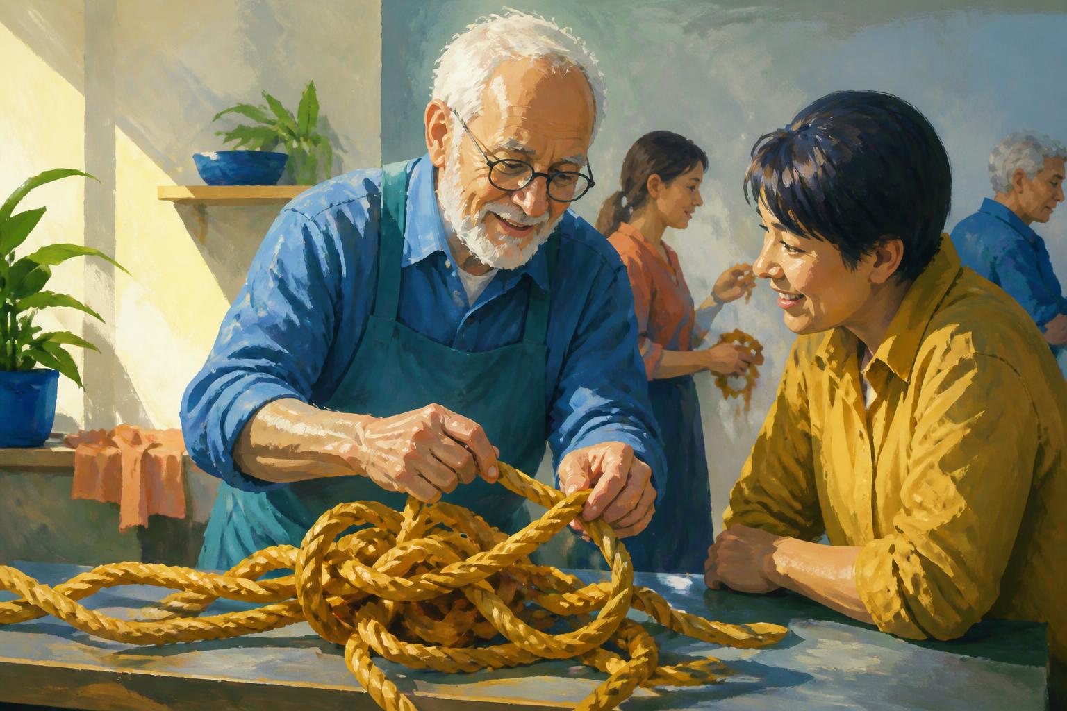 A woman at a table loosens a cord that has been tied around everything in the room.