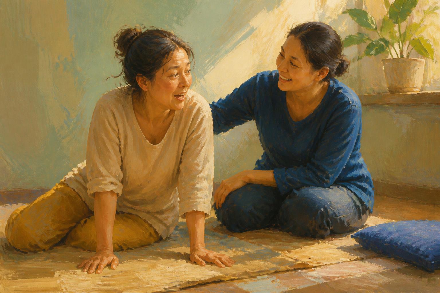 A seated person steadied by a nearby guide, lamp, and open doorway in a warm quiet room.