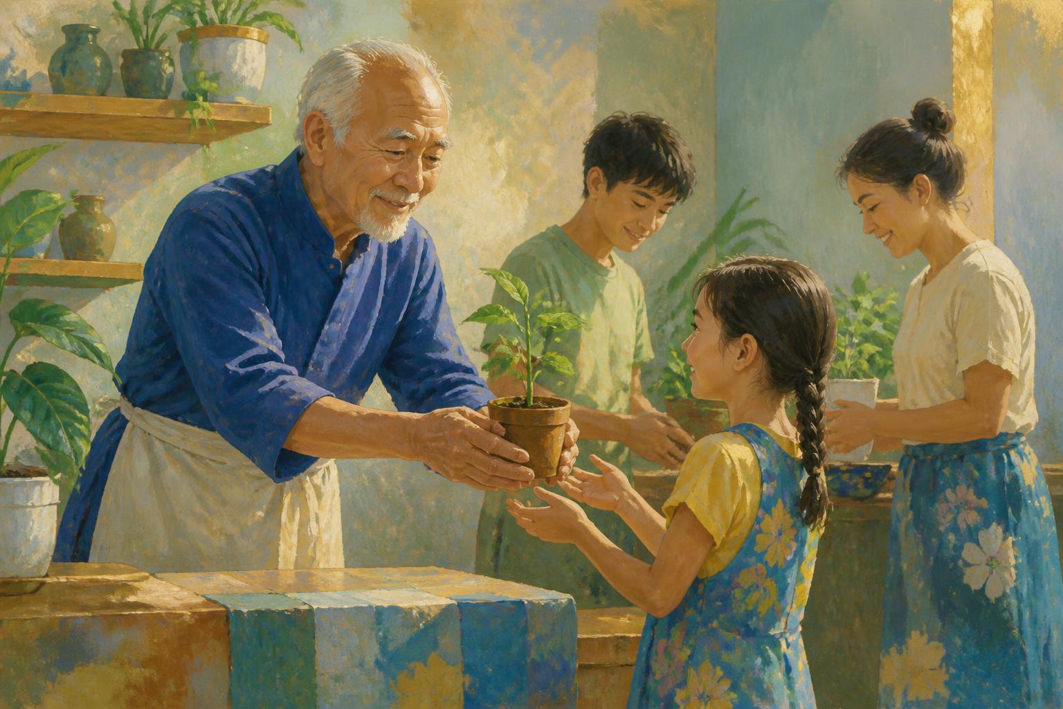 A person at a doorway passes a small lamp toward younger figures, with an empty room behind.