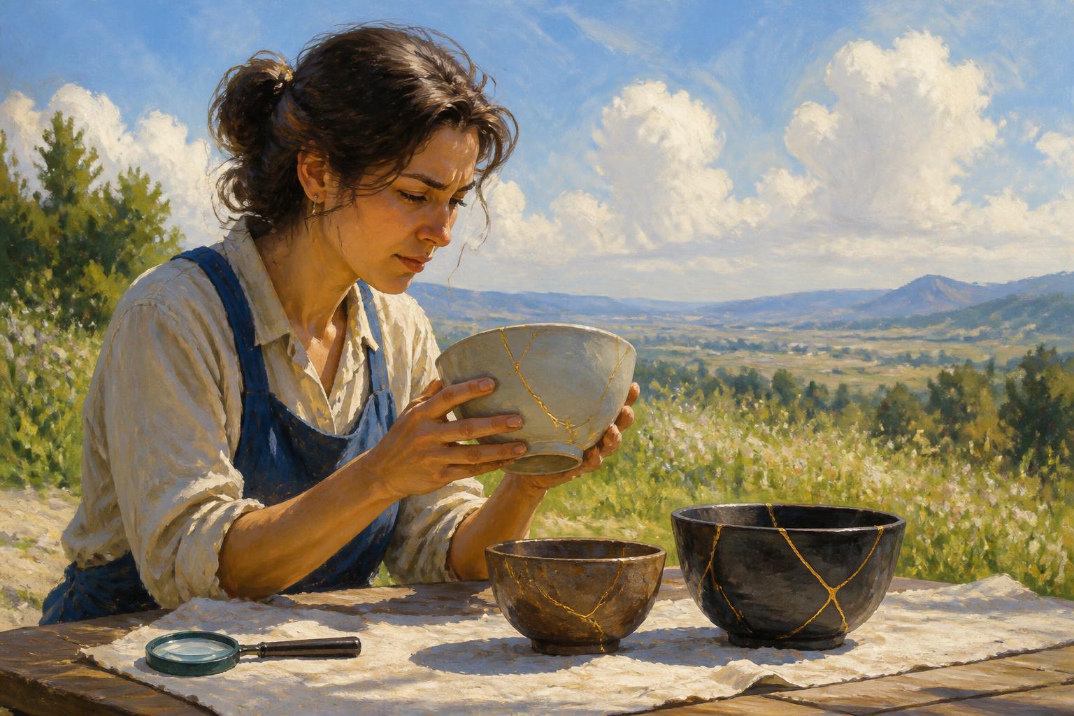 A woman studies two repaired bowls at a table, with warm light revealing both cracks and shared shapes.