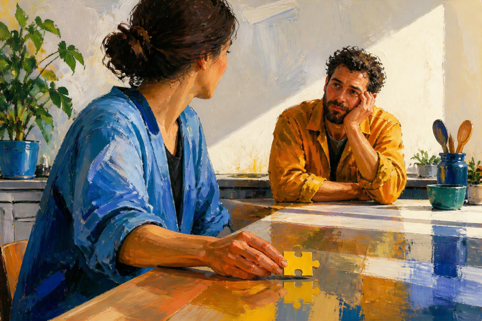 Two adults compare similar bowls at a lamplit table while separate paths fade behind them.