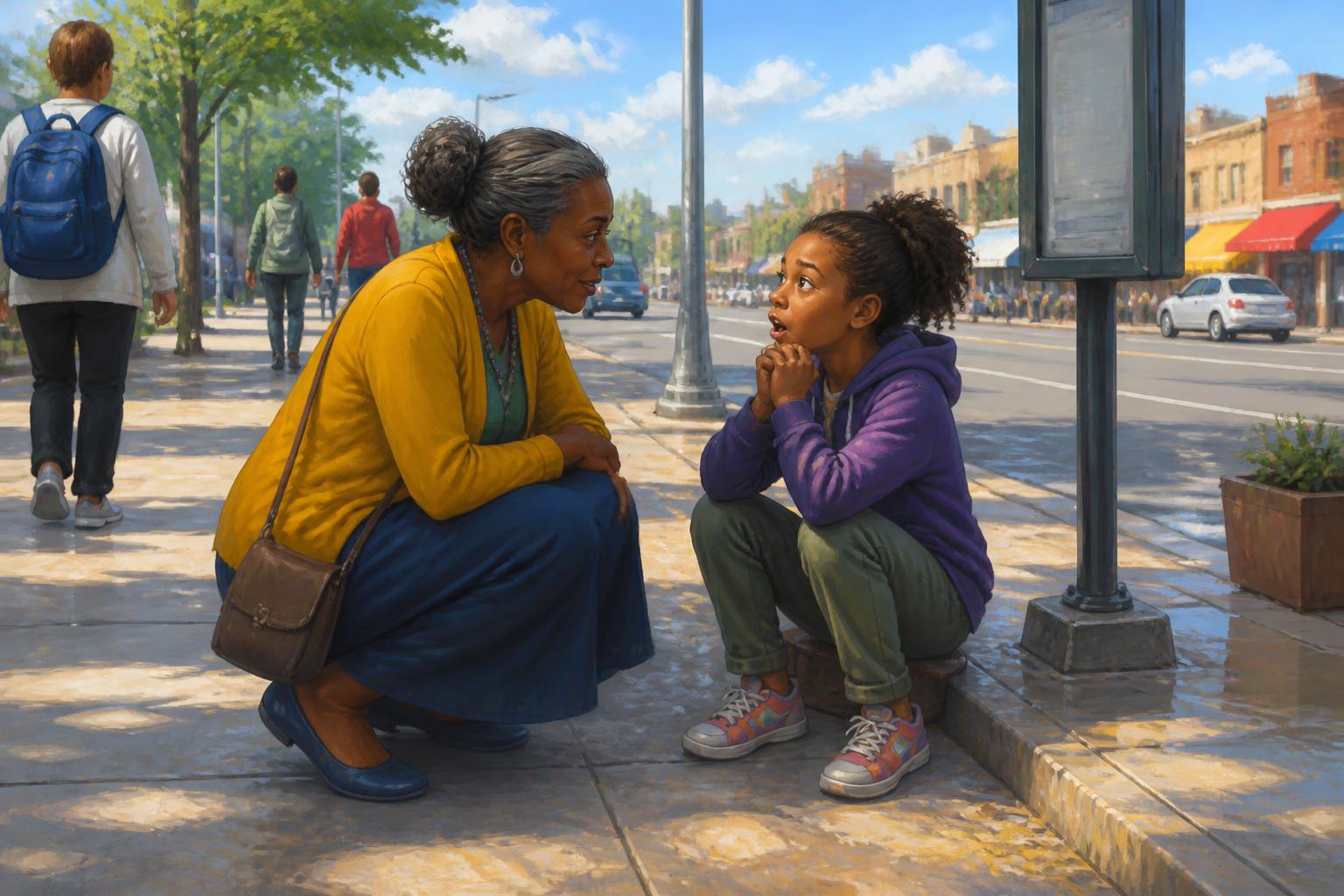 Two people pause at a table before three warm doorways, holding a hard question with care.