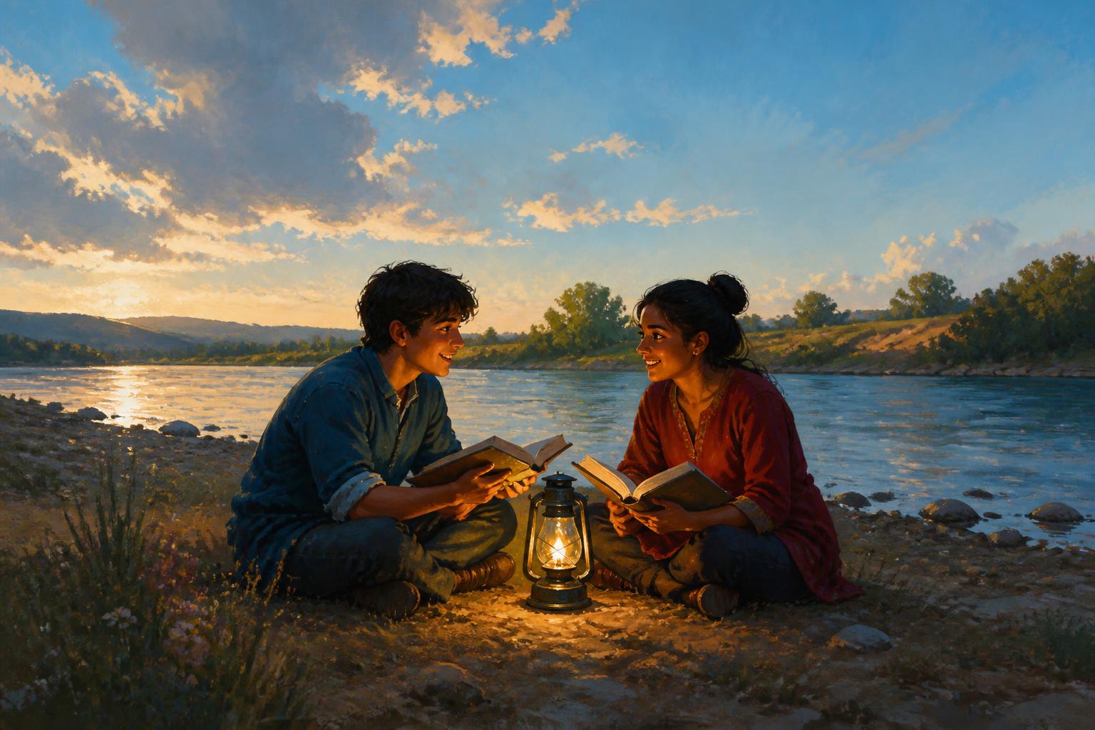 Two readers in a warm archive share one lamp as their shadows quietly overlap.