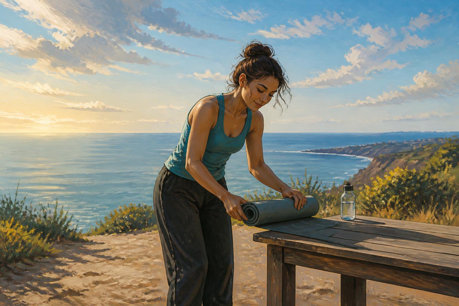 A woman folds a practice mat beside a sunlit doorway, turning toward an ordinary table.