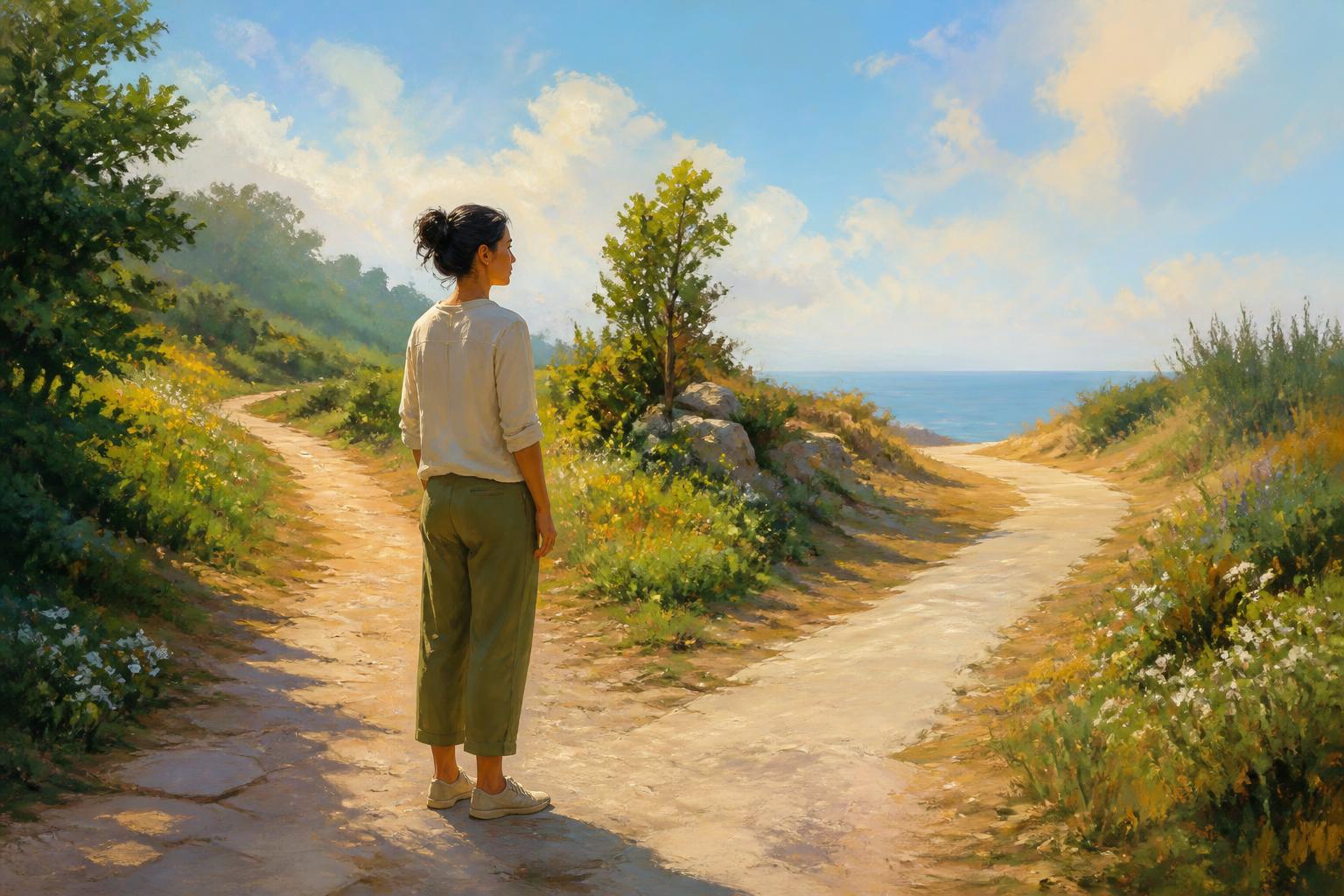 A woman pauses at a forked path under warm evening light, each way opening from a different threshold.
