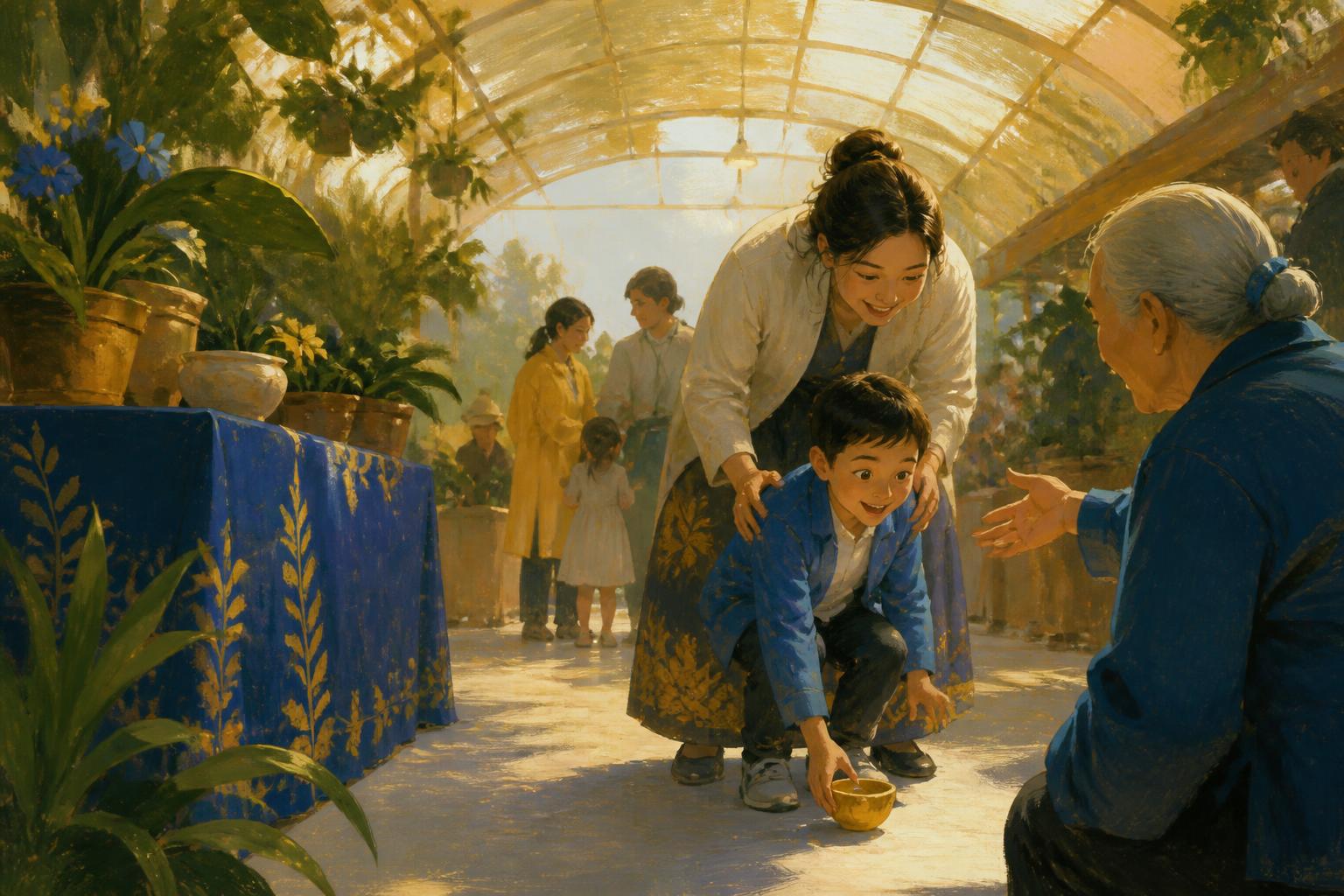 A woman pauses at a threshold while others quietly hold light around her.