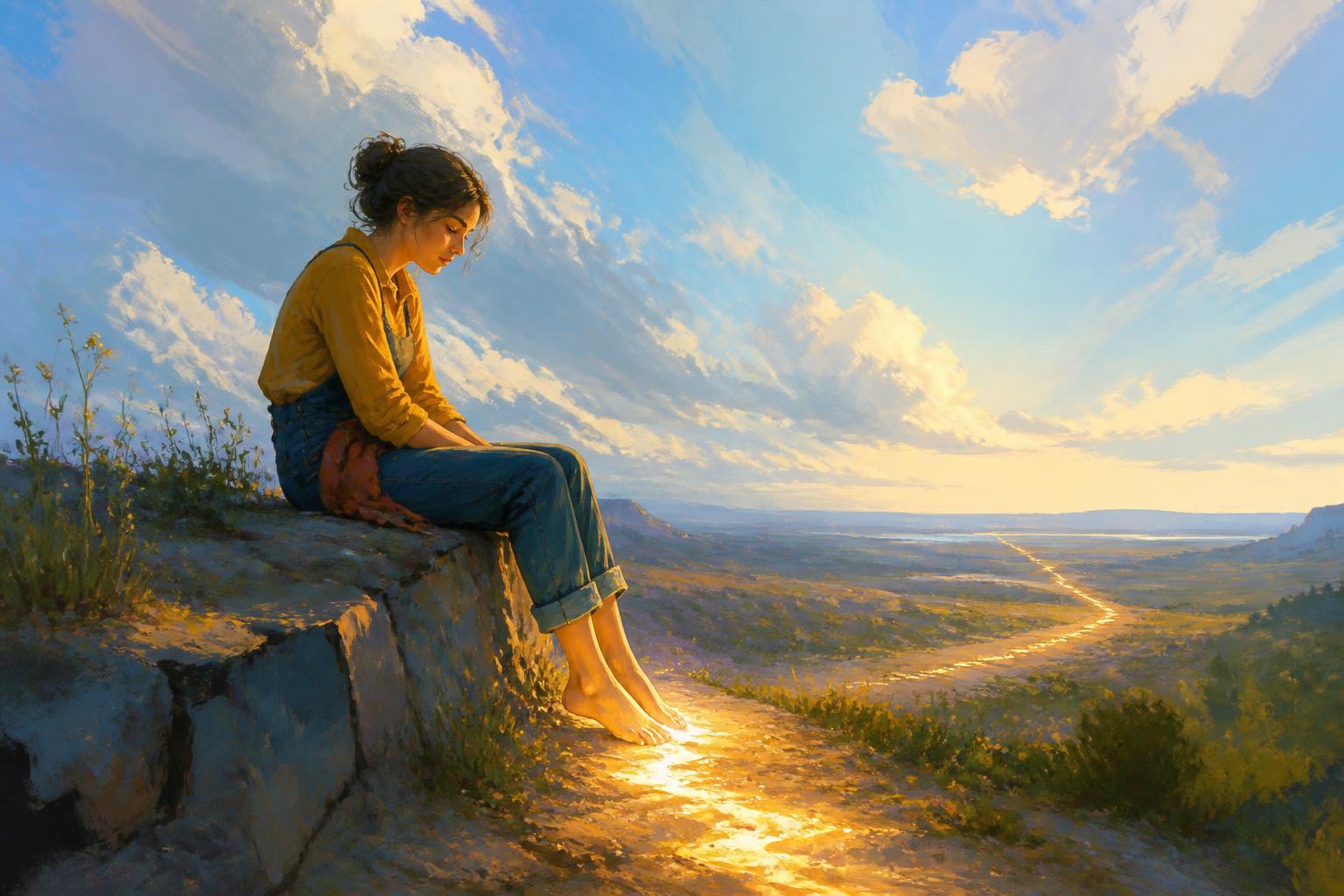 A seated woman at a doorway sees a path of light beginning under her feet before she stands.